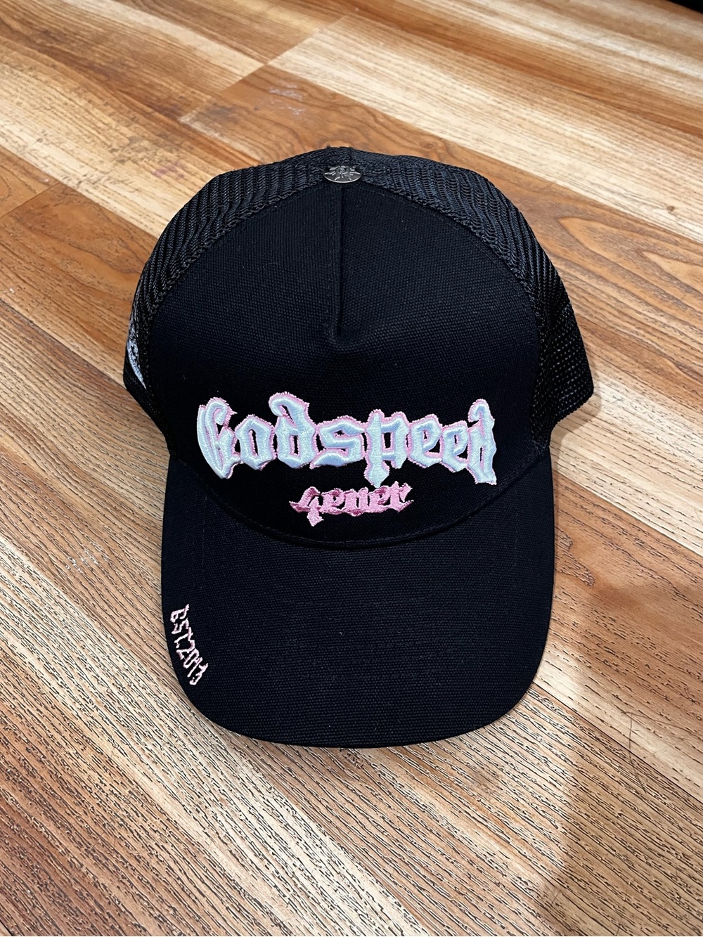 Godspeed Black Trucker Hat with White/Pink Embroidery